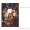 A Still Life Of A Corncob, Roses, A Parrot Tulip, Irises, And Other Flowers Suspended From A Blue Ribbon, In A Stone Niche by Ernst Stuven