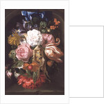 A Still Life Of A Corncob, Roses, A Parrot Tulip, Irises, And Other Flowers Suspended From A Blue Ribbon, In A Stone Niche by Ernst Stuven