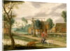 A village landscape with a woman drawing water from a well by Isaak van Oosten