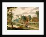 A village landscape with a woman drawing water from a well by Isaak van Oosten