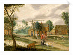 A village landscape with a woman drawing water from a well by Isaak van Oosten