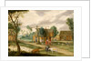 A village landscape with a woman drawing water from a well by Isaak van Oosten