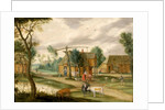 A village landscape with a woman drawing water from a well by Isaak van Oosten