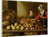 Girl selling grapes from a large table laden with fruit and vegetables by Floris van Schooten