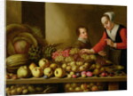 Girl selling grapes from a large table laden with fruit and vegetables by Floris van Schooten