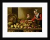 Girl selling grapes from a large table laden with fruit and vegetables by Floris van Schooten