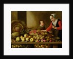 Girl selling grapes from a large table laden with fruit and vegetables by Floris van Schooten