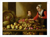 Girl selling grapes from a large table laden with fruit and vegetables by Floris van Schooten