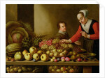 Girl selling grapes from a large table laden with fruit and vegetables by Floris van Schooten