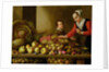 Girl selling grapes from a large table laden with fruit and vegetables by Floris van Schooten