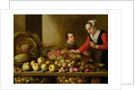 Girl selling grapes from a large table laden with fruit and vegetables by Floris van Schooten
