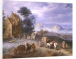 Landscape with peasants, carts and a ferry by Joseph van Bredael