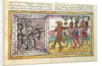 Codex Duran: Pedro de Alvarado companion-at-arms of Hernando Cortes besieged by Aztec warriors by Diego Duran