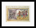 Codex Duran: Pedro de Alvarado companion-at-arms of Hernando Cortes besieged by Aztec warriors by Diego Duran
