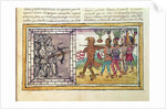 Codex Duran: Pedro de Alvarado companion-at-arms of Hernando Cortes besieged by Aztec warriors by Diego Duran
