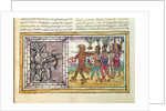 Codex Duran: Pedro de Alvarado companion-at-arms of Hernando Cortes besieged by Aztec warriors by Diego Duran