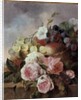 Still life of fruit and roses on a ledge by Edward Ladell