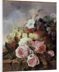 Still life of fruit and roses on a ledge by Edward Ladell