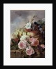 Still life of fruit and roses on a ledge by Edward Ladell