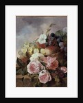 Still life of fruit and roses on a ledge by Edward Ladell