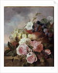 Still life of fruit and roses on a ledge by Edward Ladell