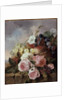 Still life of fruit and roses on a ledge by Edward Ladell