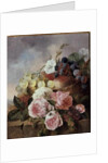 Still life of fruit and roses on a ledge by Edward Ladell