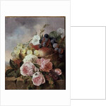 Still life of fruit and roses on a ledge by Edward Ladell