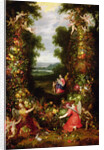 Holy Family in a landscape with a garland of fruit and vegetables by J. & Avont P. van Brueghel