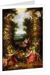 Holy Family in a landscape with a garland of fruit and vegetables by J. & Avont P. van Brueghel