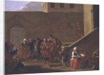 Street scene with monks distributing food to the poor by Andries Both