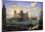 A Mediterranean port with men o' war by Charles Laurent Grevenbroeck