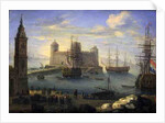 A Mediterranean port with men o' war by Charles Laurent Grevenbroeck