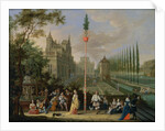 Elegant figures playing musical instruments around a maypole by Pieter Gysels
