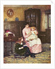 Mother playing with children in an interior by Helen Allingham