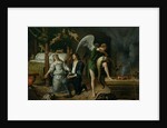 Tobias and Sarah with the Archangel Raphael exorcising the demon Asmodeus, restored version reassembled from two separated fragments by Jan Havicksz. Steen