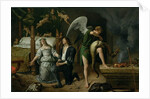 Tobias and Sarah with the Archangel Raphael exorcising the demon Asmodeus, restored version reassembled from two separated fragments by Jan Havicksz. Steen