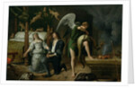 Tobias and Sarah with the Archangel Raphael exorcising the demon Asmodeus, restored version reassembled from two separated fragments by Jan Havicksz. Steen
