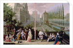 Detail of elegant figures playing musical instruments around a maypole by Pieter Gysels