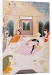 A lady on a terrace, distraught with unsatisfied longing for her lover, her attendants can do nothing to console her by Indian School