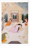 A lady on a terrace, distraught with unsatisfied longing for her lover, her attendants can do nothing to console her by Indian School