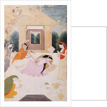 A lady on a terrace, distraught with unsatisfied longing for her lover, her attendants can do nothing to console her by Indian School