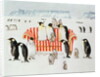Penguins on a red and white sofa, 1994 by E.B. Watts
