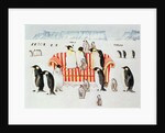 Penguins on a red and white sofa, 1994 by E.B. Watts
