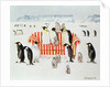 Penguins on a red and white sofa, 1994 by E.B. Watts
