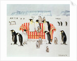 Penguins on a red and white sofa, 1994 by E.B. Watts