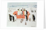 Penguins on a red and white sofa, 1994 by E.B. Watts