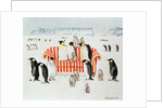Penguins on a red and white sofa, 1994 by E.B. Watts