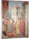 St. Peter Distributing the Common Goods of the Church and the Death of Ananias, c.1427 by Tommaso Masaccio