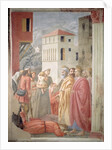 St. Peter Distributing the Common Goods of the Church and the Death of Ananias, c.1427 by Tommaso Masaccio